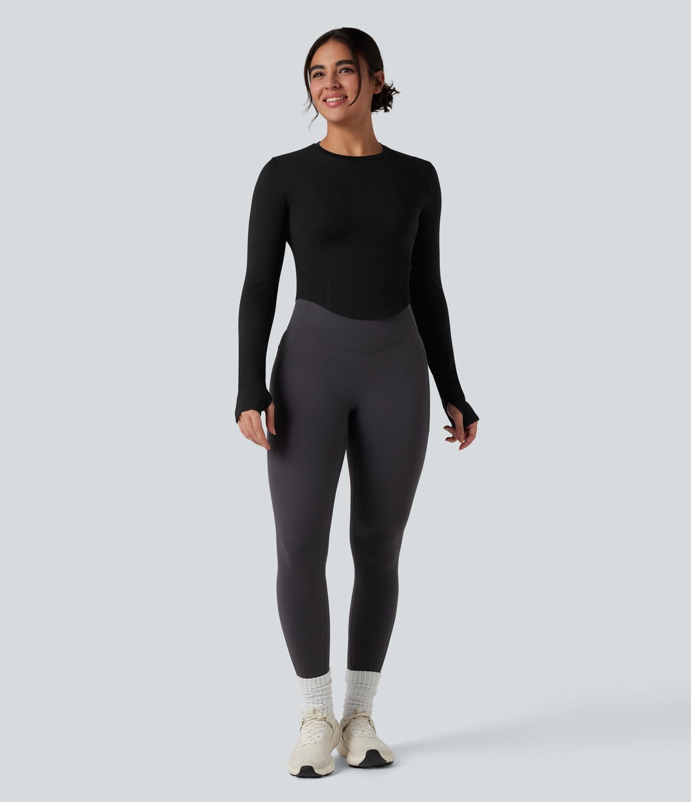 Haut de sport yoga col rond à manches longues avec passants pouces et ourlet arrondi sans couture Seamless Flow