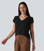 T-shirt casual col V manches courtes pétale