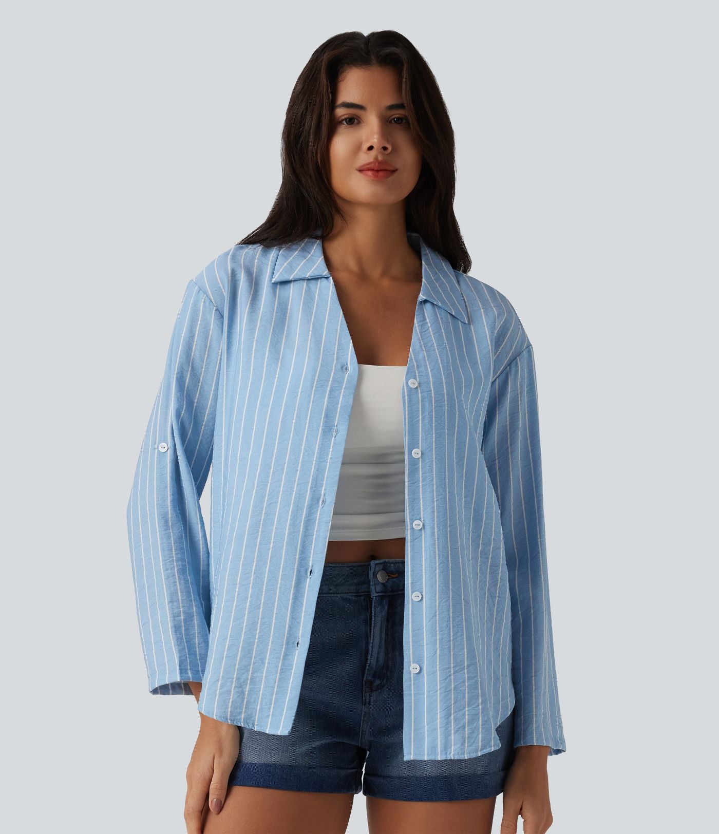 Chemise casual à rayures aspect lin col V manches longues retroussables et ourlet arrondi
