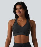 Brassière de sport col V dos nageur maintien moyen à rayures