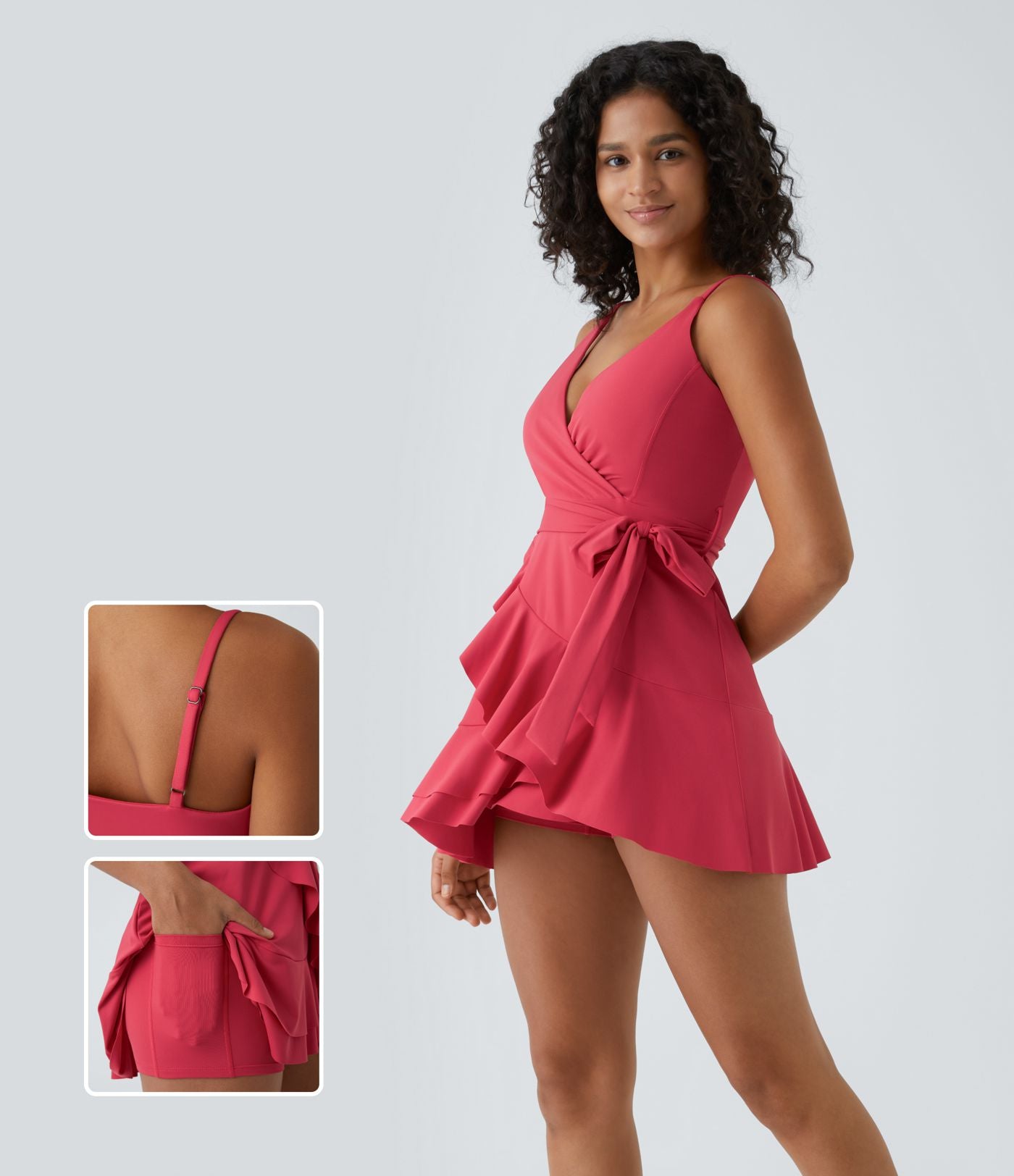 Robe décontractée mini 2-pièces col V liens latéraux volant fluide avec poche A-D