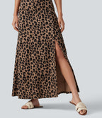 Jupe casual maxi gaufrée léopard taille haute gainante à poche