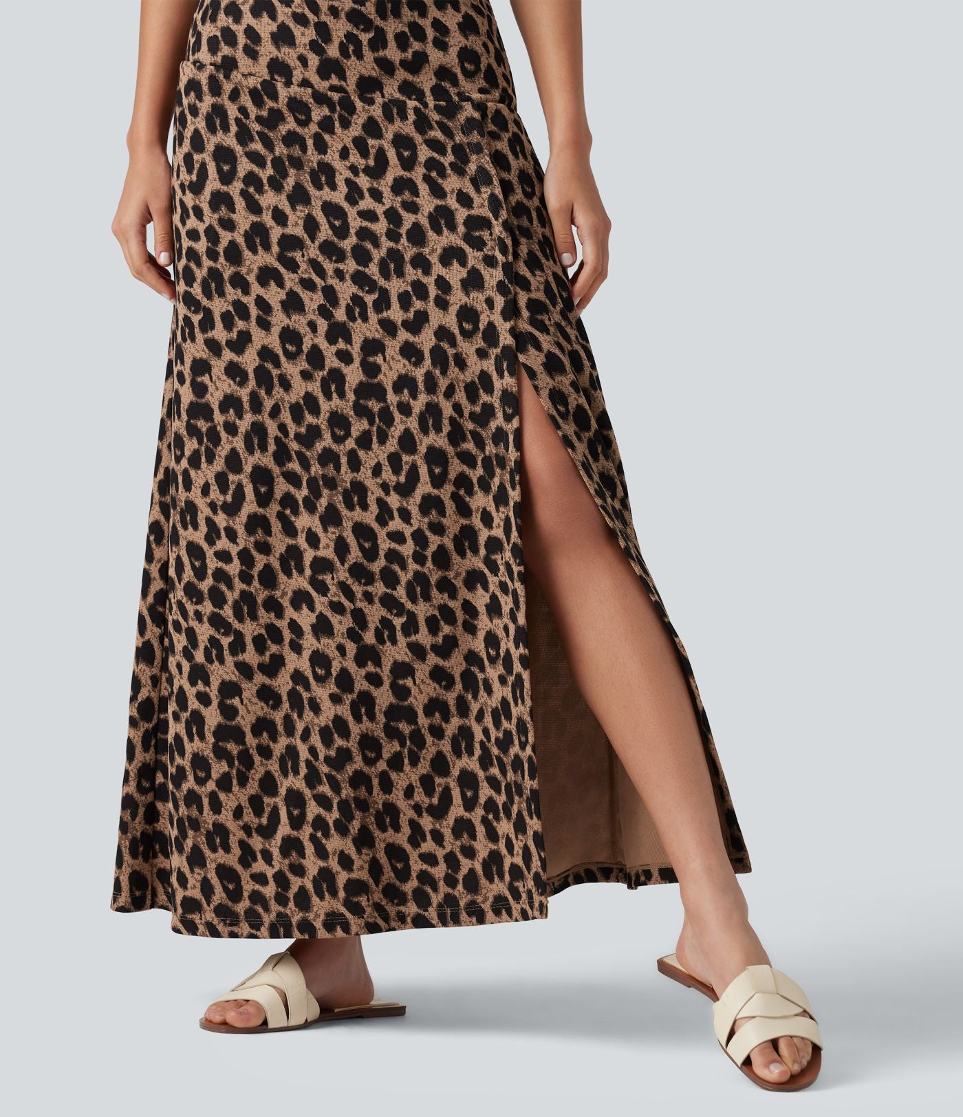 Jupe casual maxi gaufrée léopard taille haute gainante à poche