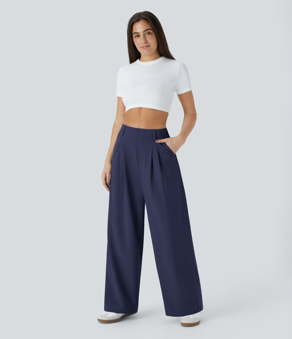Breezeful™ Pantalon Large Fluide Taille Haute Poches Latérales Palazzo Solide Casual Linen-Feel