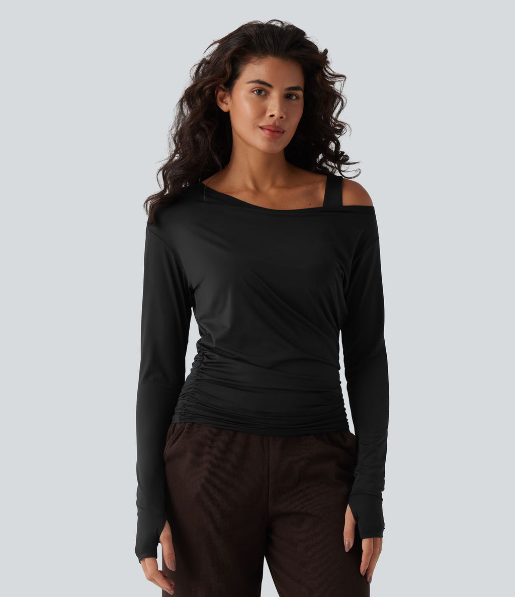Haut d'entraînement une épaule manches longues avec brassière intégrée, passe-pouces, fronces et effet frais InstantCool, protection solaire UPF50+