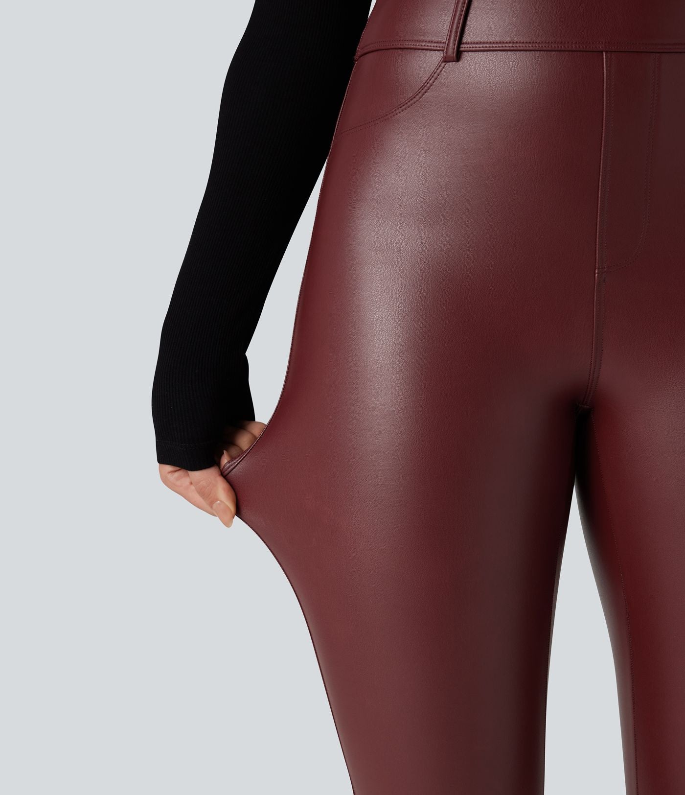 Pantalon polaire simili cuir extensible taille haute avec poches