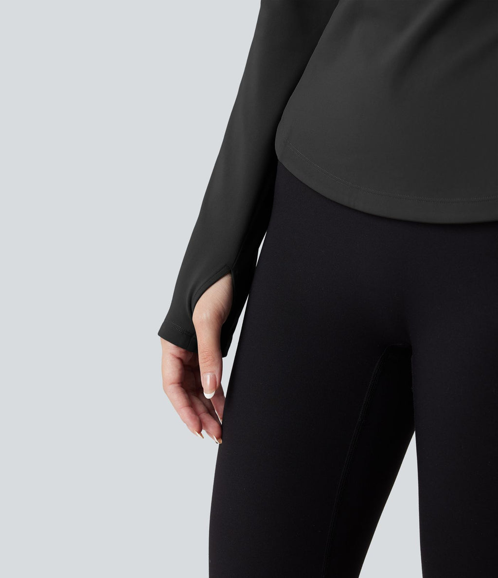Haut de sport yoga polaire col montant demi-zip à manches longues avec passants pouces