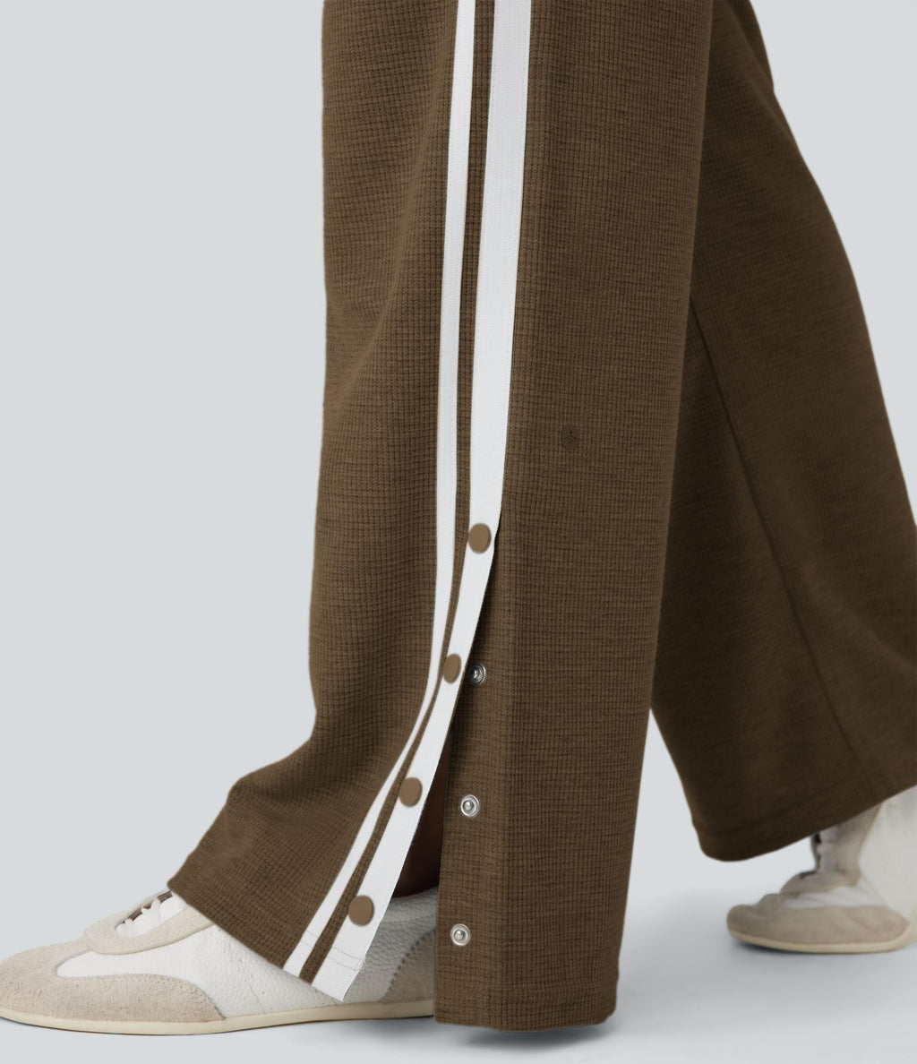 Pantalon jogging décontracté large taille basse à cordon en gaufre à blocs de couleurs avec boutons-pression fendus et poches