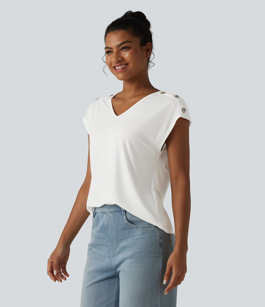 T-shirt décontracté col V manches courtes boutons décoratifs