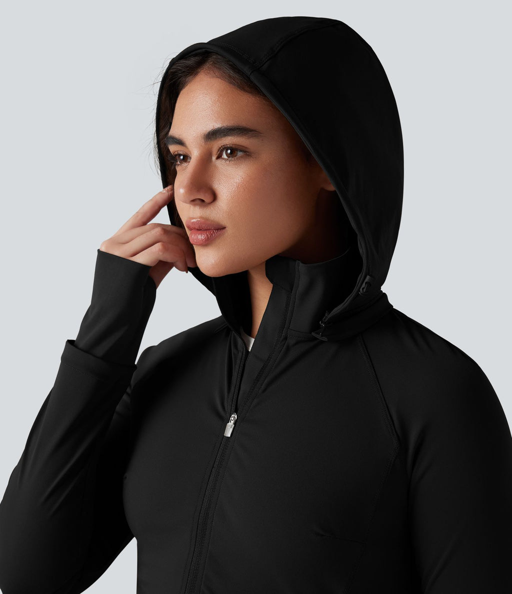 Veste randonnée capuche amovible double zip cordon de serrage avec trous pouces et poches