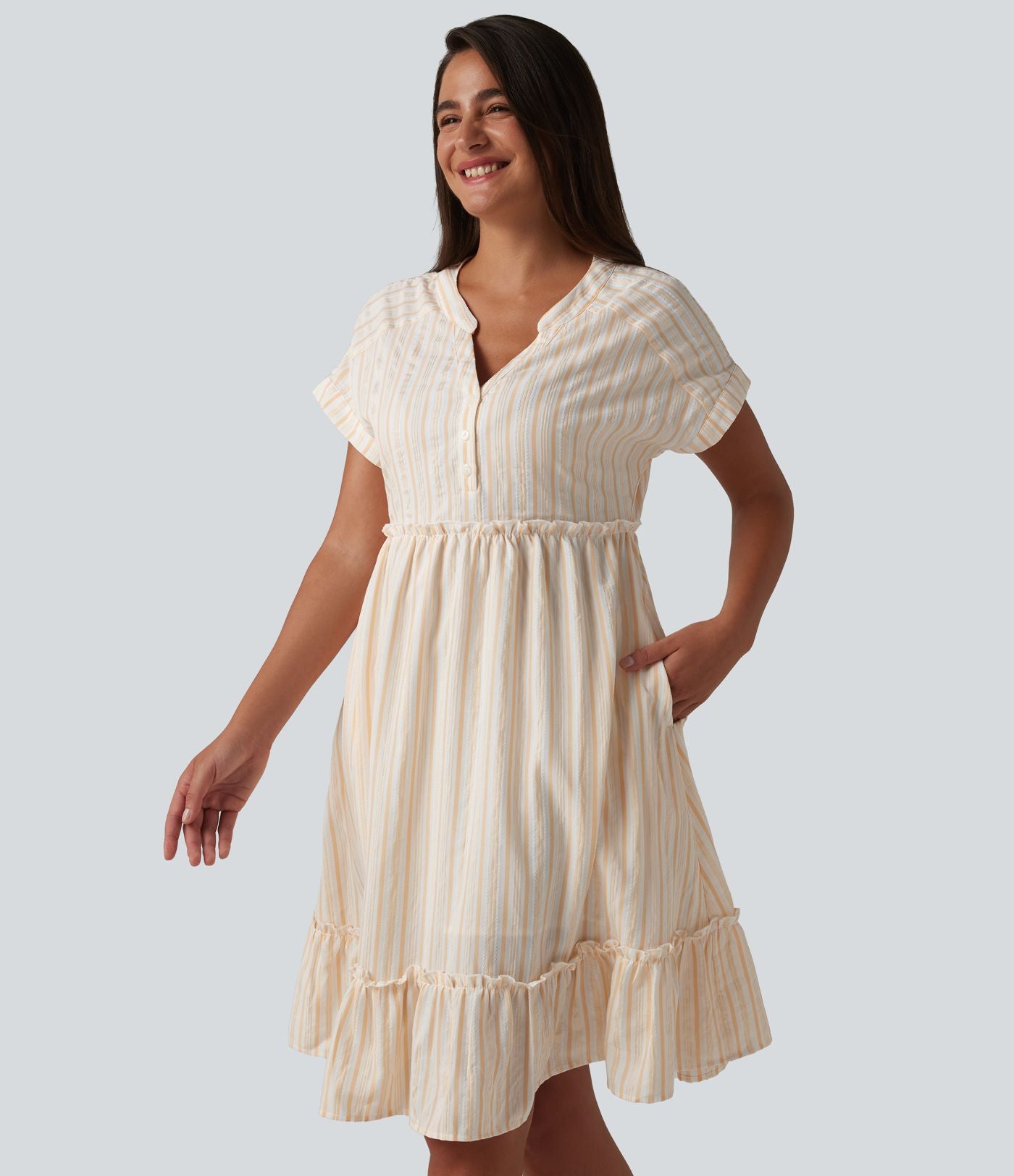 Robe décontractée mini col V manches courtes à rayures avec poches