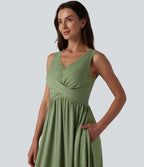 Robe longue fluide décontractée à col en U, sans manches et croisée, avec poches