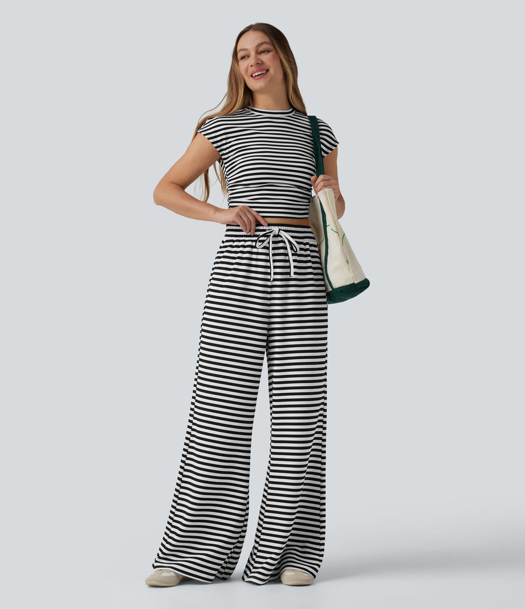Pantalon large casual à rayures en maille gaufrée taille haute avec cordon de serrage et poches