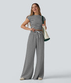 Pantalon large casual à rayures en maille gaufrée taille haute avec cordon de serrage et poches