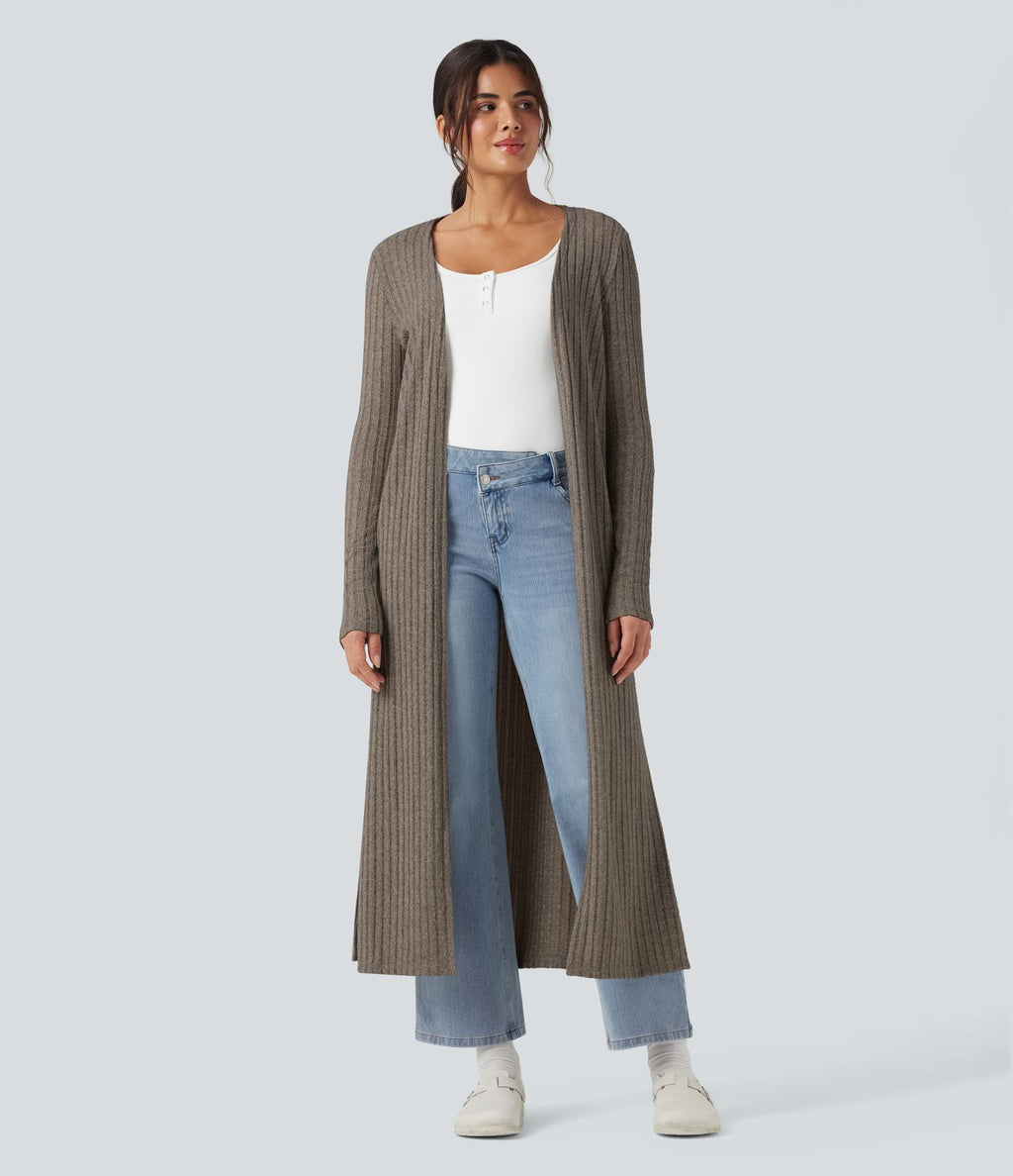 Manteau long décontracté maille côtelée manches longues avec fente