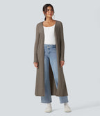 Manteau long décontracté maille côtelée manches longues avec fente