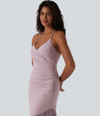 Robe maxi fluide bretelles décolleté cœur à lacer maille contrastante