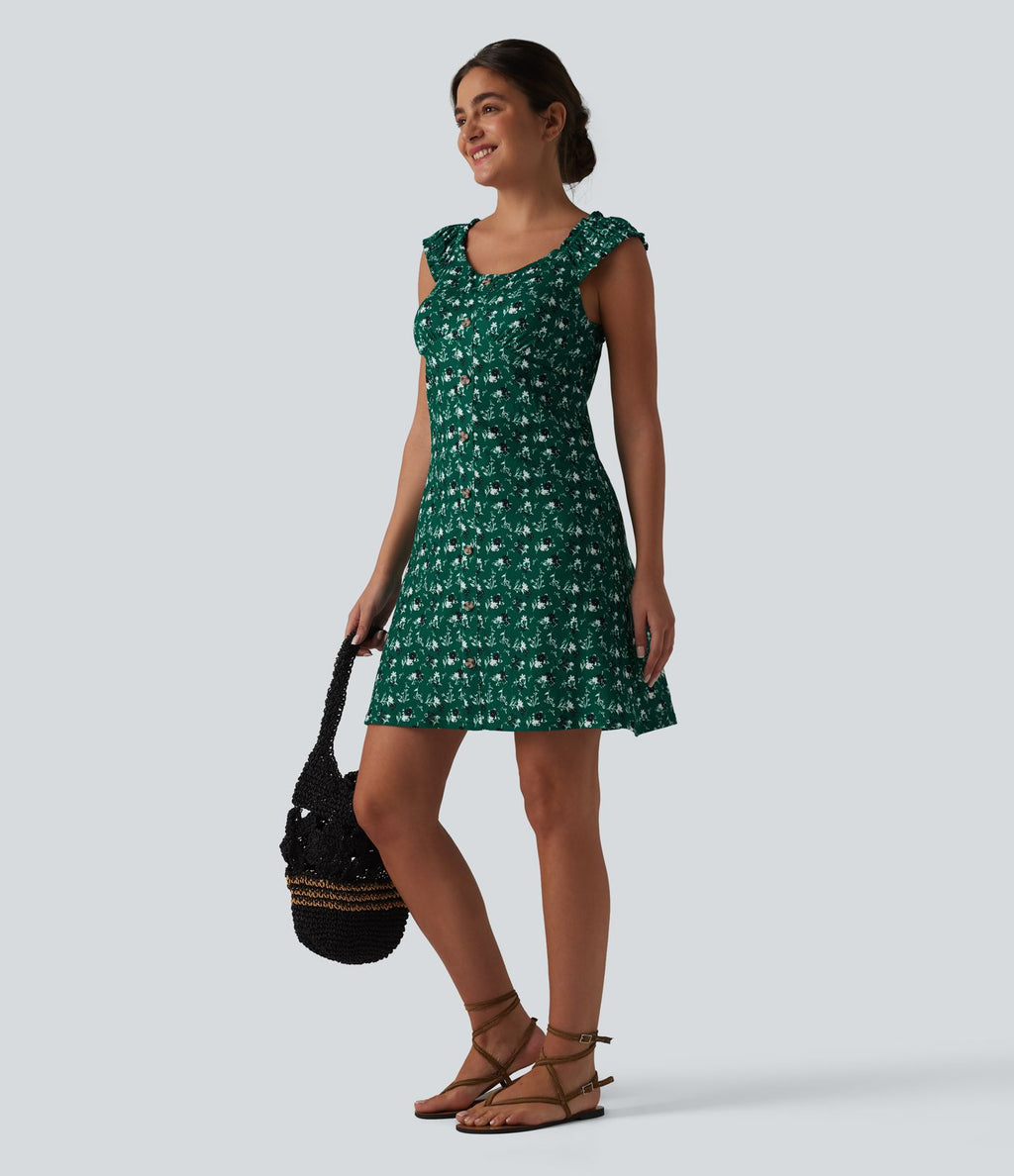Robe trapèze mini col U sans manches à volants imprimé floral avec soutien-gorge intégré