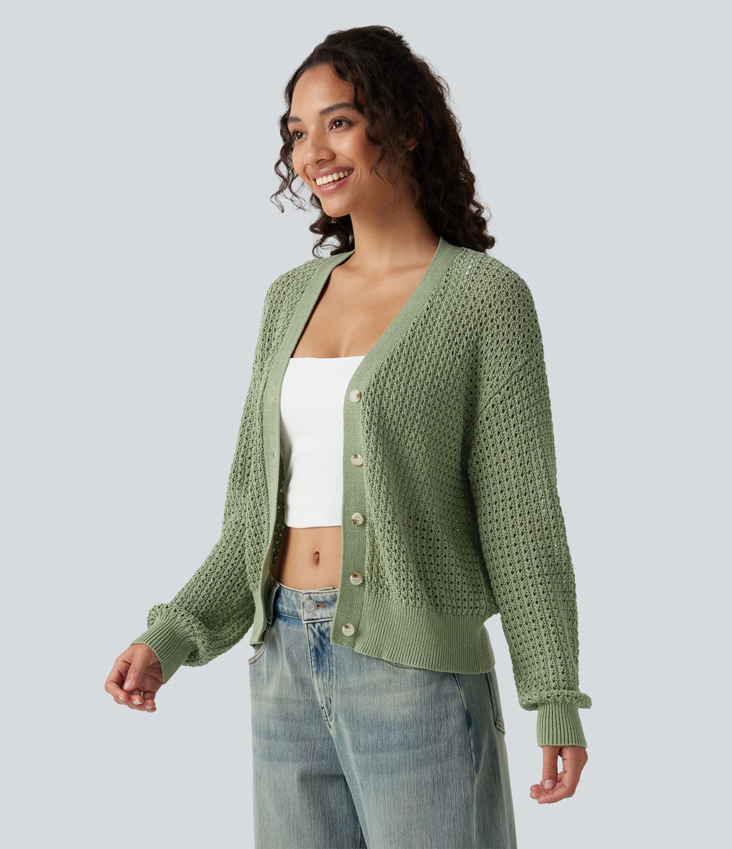 Cardigan décontracté en maille tricotée col V manches longues