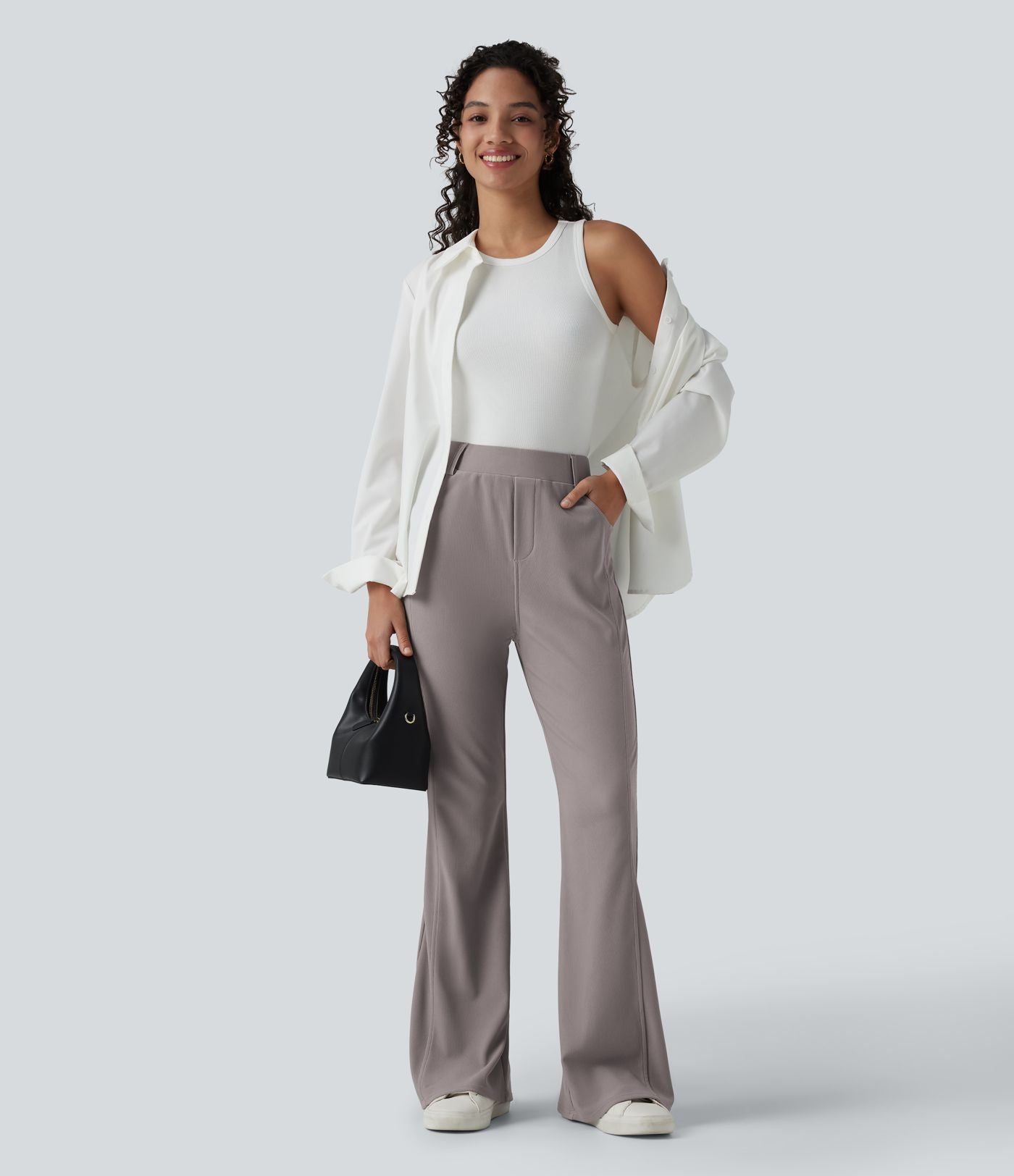 Pantalon décontracté bootcut taille haute en tissu micro-gaufré avec poches