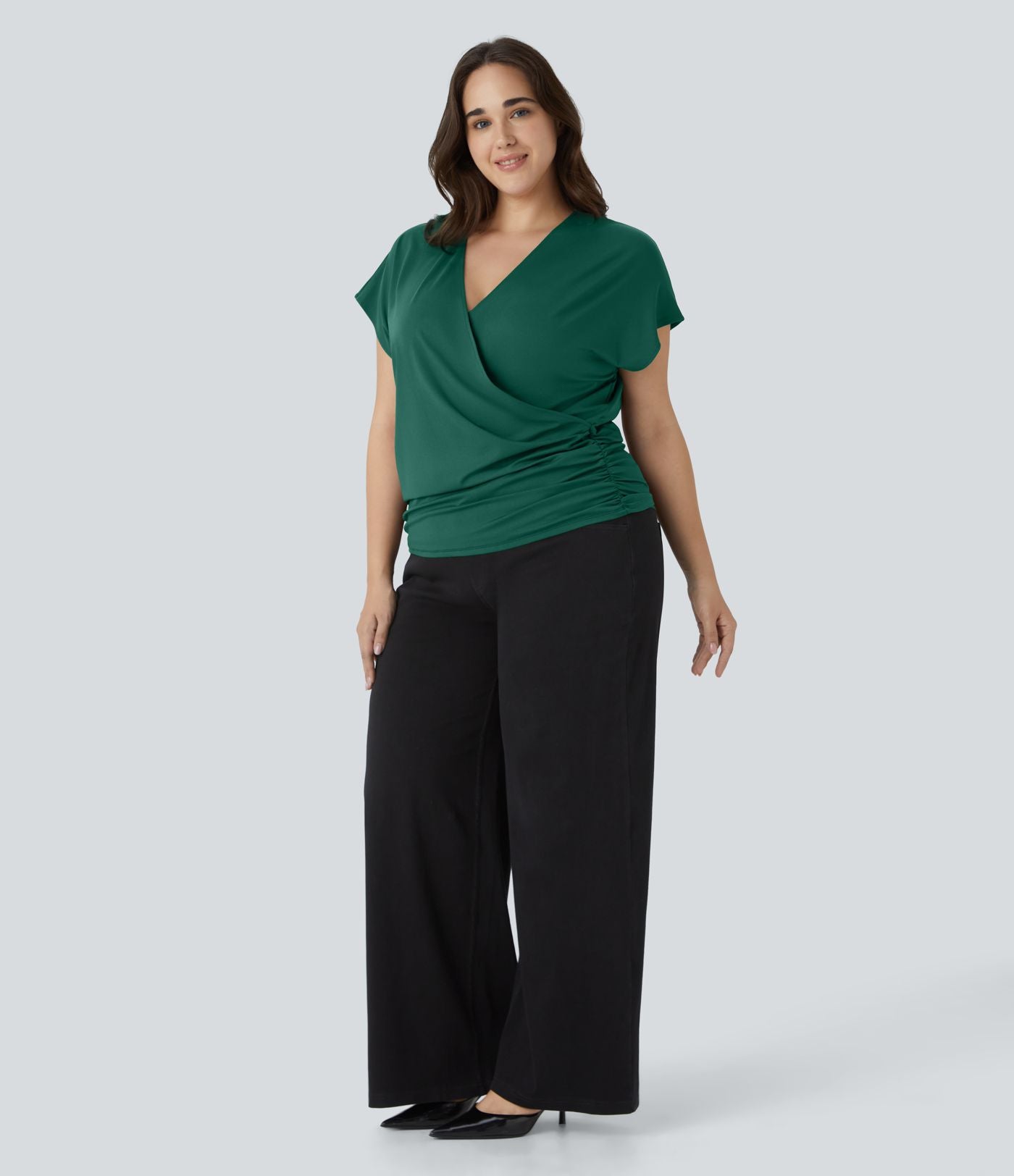 Blouse Travail Unie Froncée Croisée Manches Courtes Col en V Grande Taille