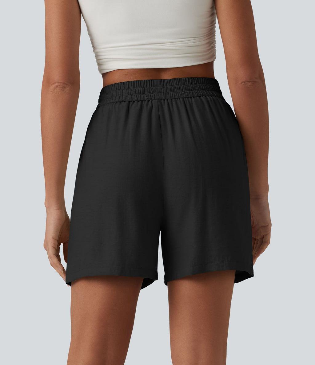Short décontracté ample en lin mélangé taille haute avec cordon de serrage, 12,5 cm, et poches