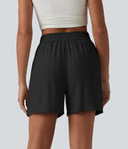 Short décontracté ample en lin mélangé taille haute avec cordon de serrage, 12,5 cm, et poches
