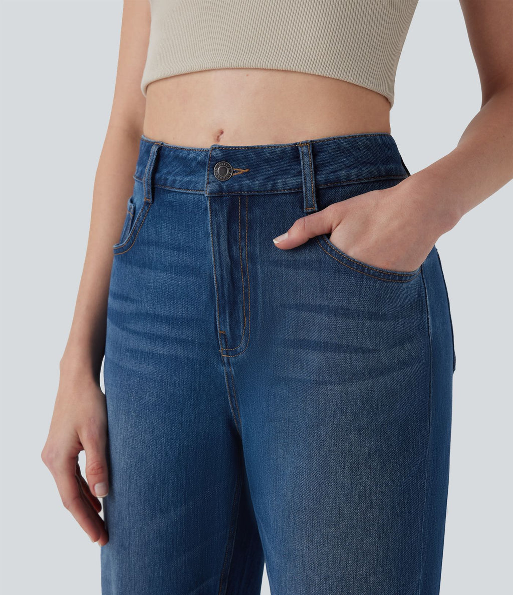 Jean 7/8 décontracté délavé taille mi-haute à jambe droite Halara Flex™ avec poches