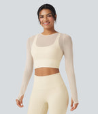 Haut de sport yoga cropped 2-en-1 manches longues mesh contrastant à trous pouces