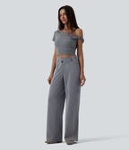 Pantalon large casual taille haute croisée aspect lin avec poches