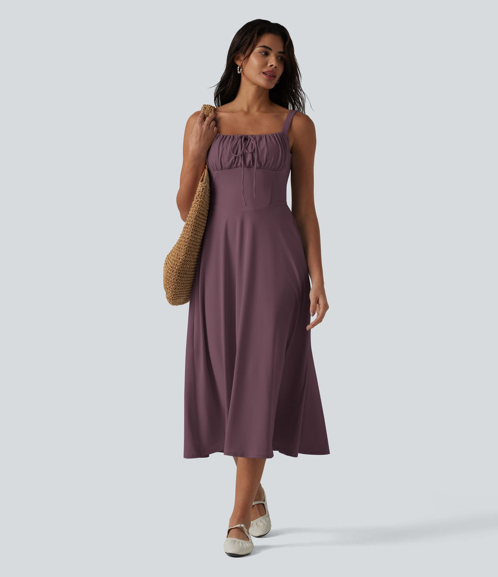 Robe fluide midi de villégiature sans manches, encolure carrée, dos nu croisé, fronces et soutien-gorge intégré