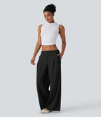 Pantalon décontracté taille basse à jambes larges en tissu gaufré avec poches latérales