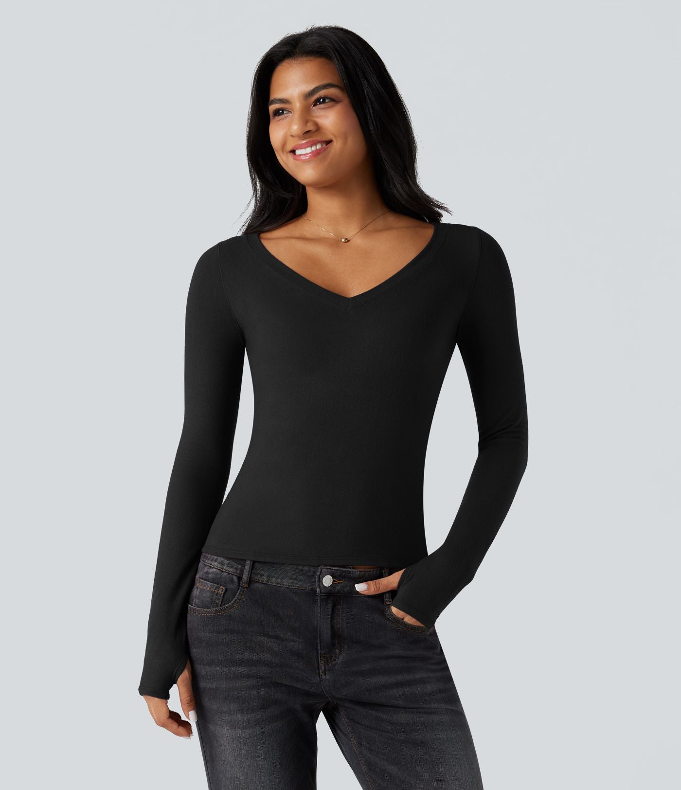 Top réchauffant col V manches longues avec trous pouces
