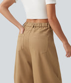 Pantalon casual taille mi-haute coupe barrel avec poches