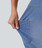 Salopette en jean Halara Flex™ col V délavée décontractée à ourlet roulotté avec poches