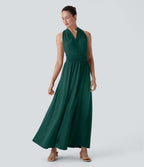 Robe longue de soirée col V, manches courtes, dos croisé à nouer, fendue avec poche latérale
