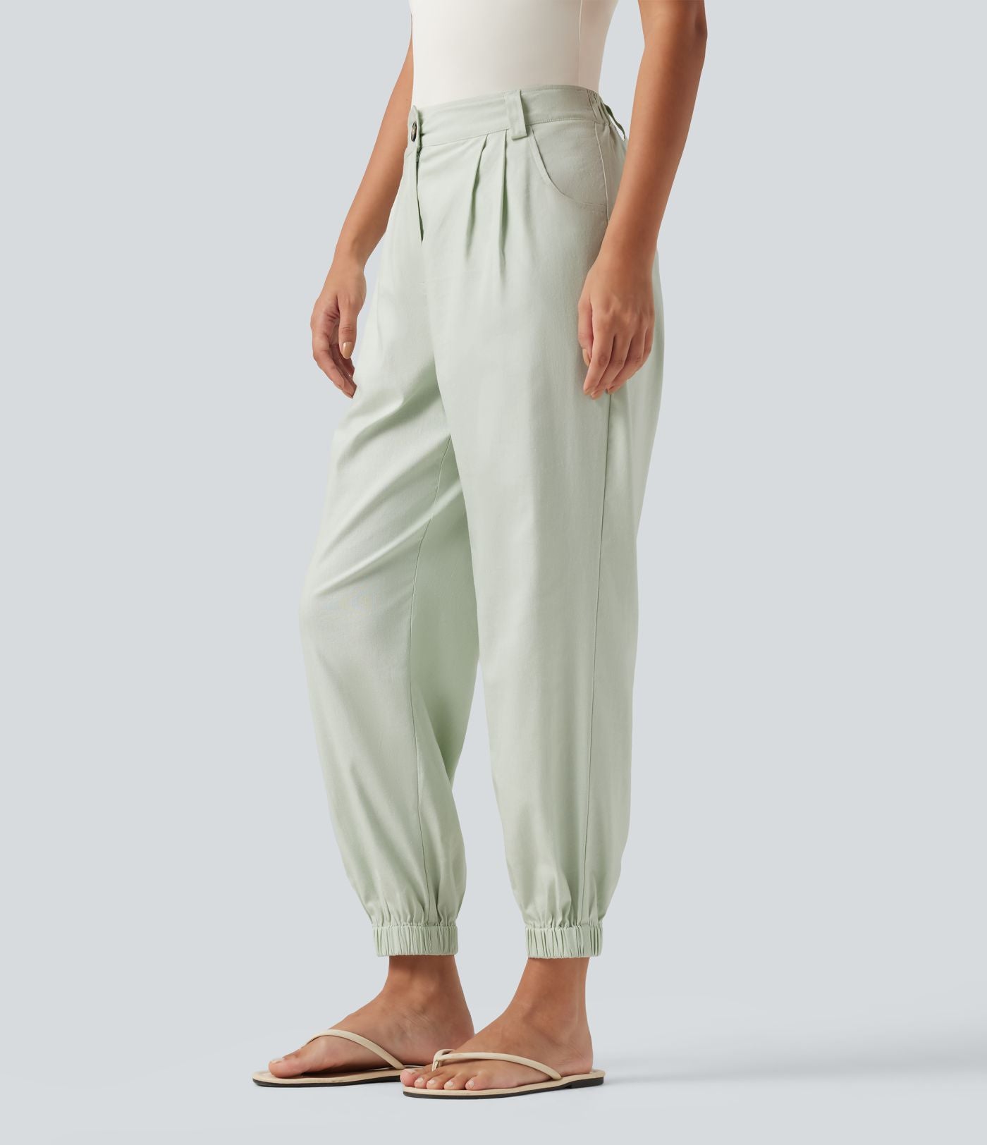 Pantalon jogging décontractée taille mi-haute en coton et lin avec poches