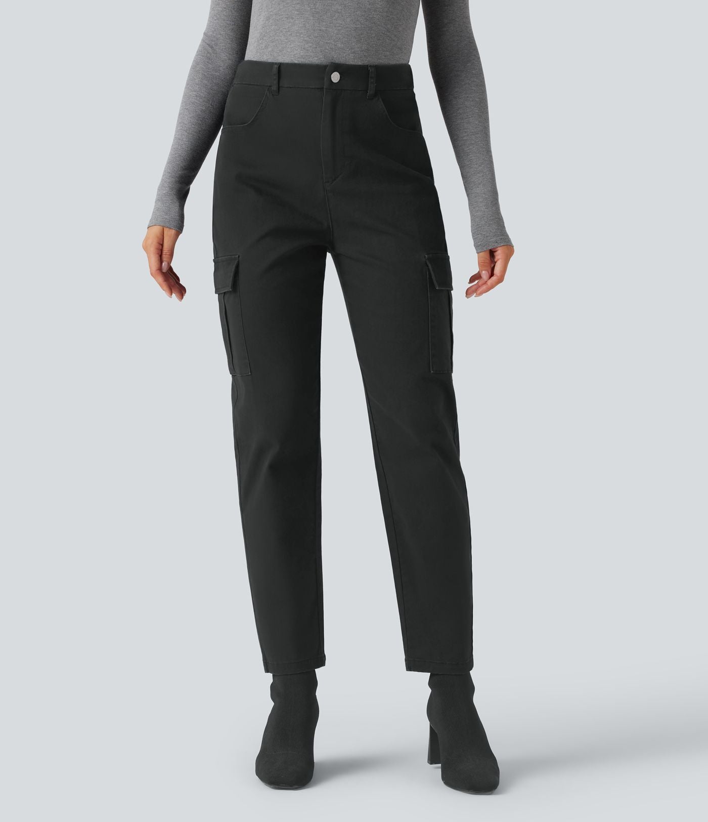 Pantalon 7/8 décontracté fuselé taille haute en coton chino avec poches