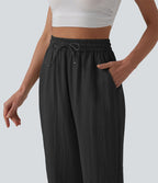 Jogging casual large ample taille haute aspect lin à cordon de serrage avec poches