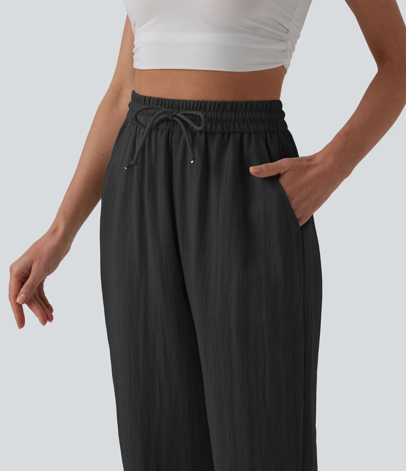 Jogging casual large ample taille haute aspect lin à cordon de serrage avec poches