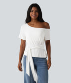 T-shirt décontracté asymétrique manches courtes soutien-gorge intégré nœud devant