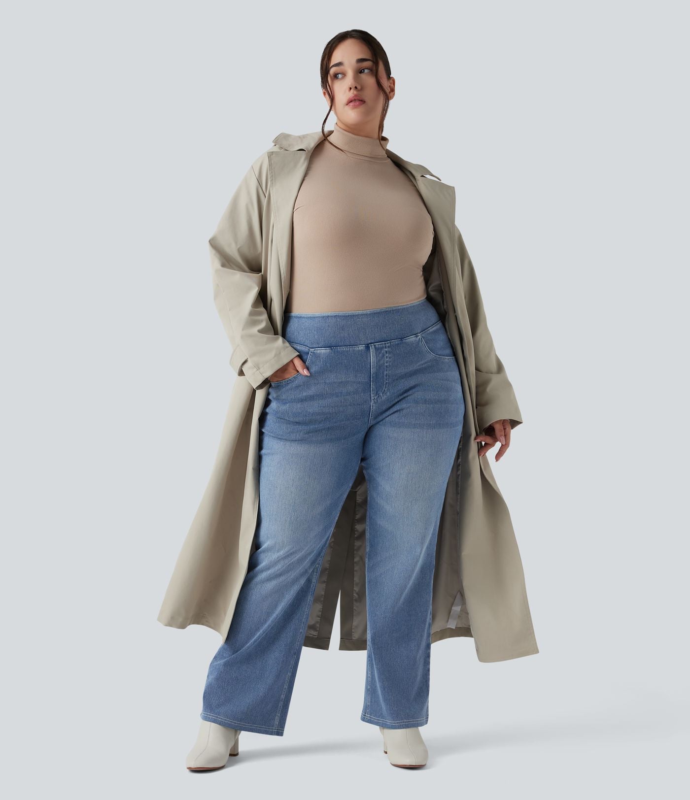 Jean décontracté Halara Flex™ grande taille bootcut taille haute en maille extensible délavée avec multiples poches