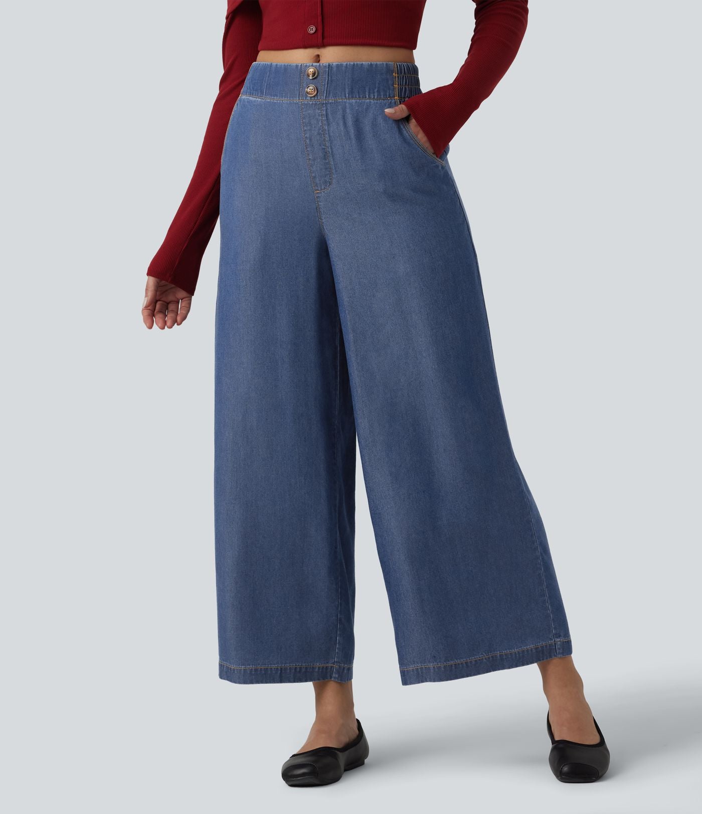 Jean 7/8 ample drapé en lyocell taille mi-haute avec poches