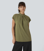 Blouse de Travail à Col Montant Plissée avec Boutons dans le Dos et Manches Courtes