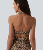 Robe micro mini moulante col américain imprimé léopard