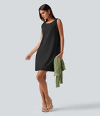 Robe mini sans manches en coton et lin à col rond avec poches