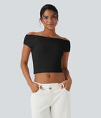 Haut casual crop tricot côtelé col bateau manches courtes