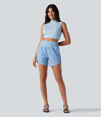 Short casual taille haute ourlet arrondi rayures avec poches