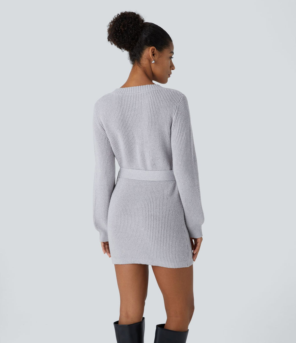 Robe-pull décontractée courte à col V, boutonnage devant, manches longues et ceinture