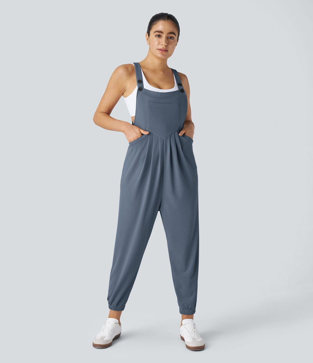 Salopette Casual Bretelles Ajustables Boutonnés Multiples Poches Plis et Tissu Gaufré